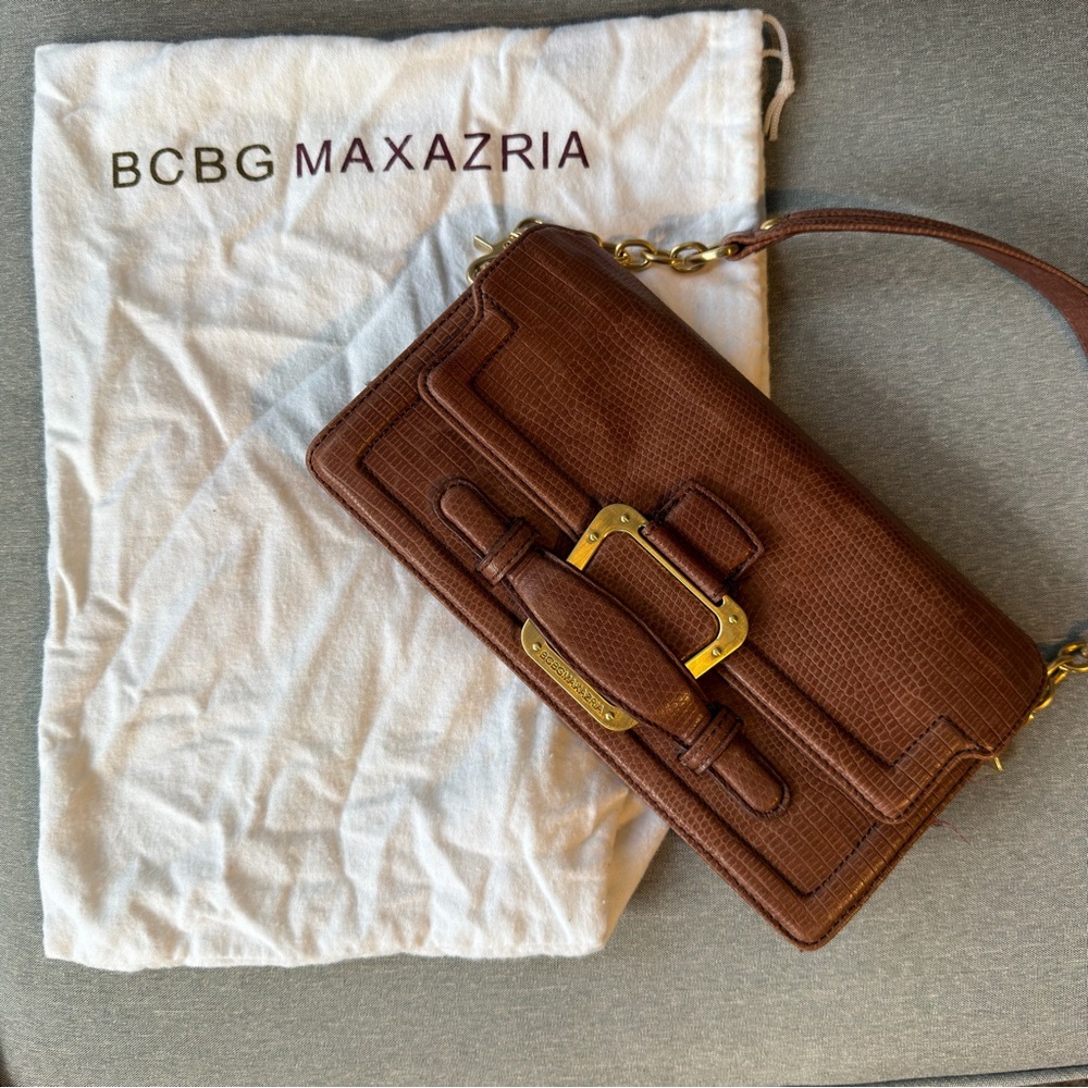 BCBGMaxAzria Cognac Textured Leather Shoulder Bag with Gold Hardware